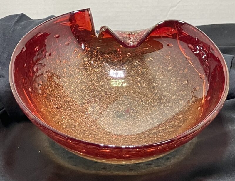 Vintage Murano Glass Bowl with 24K Gold Dust and Amber (Rare Italian 1950)